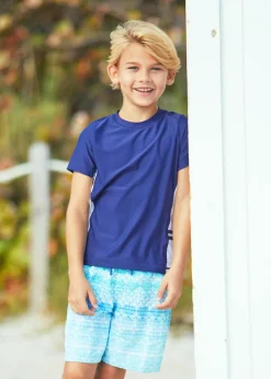 Boys Navy Side Stripe Short Sleeve Rashguard