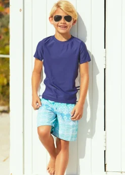 Boys Navy Side Stripe Short Sleeve Rashguard