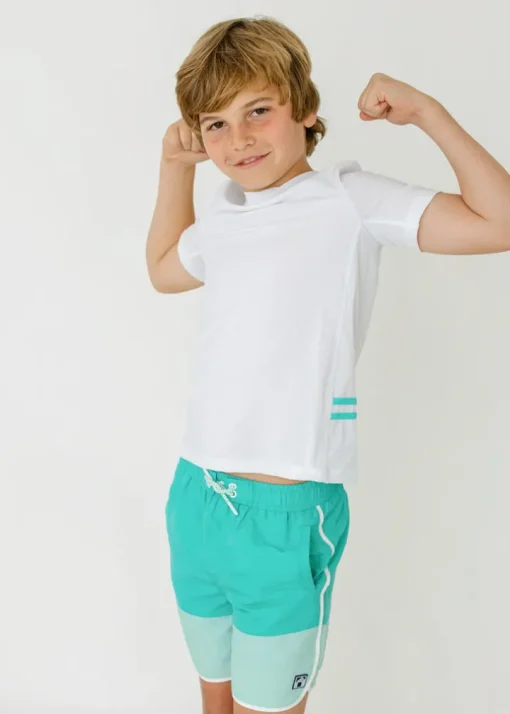 Boys White Side Stripe Short Sleeve Rashguard
