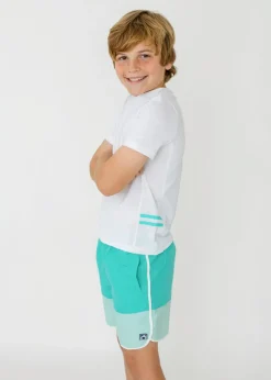Boys White Side Stripe Short Sleeve Rashguard