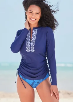 Navy Embroidered Convertible Ruched Rashguard