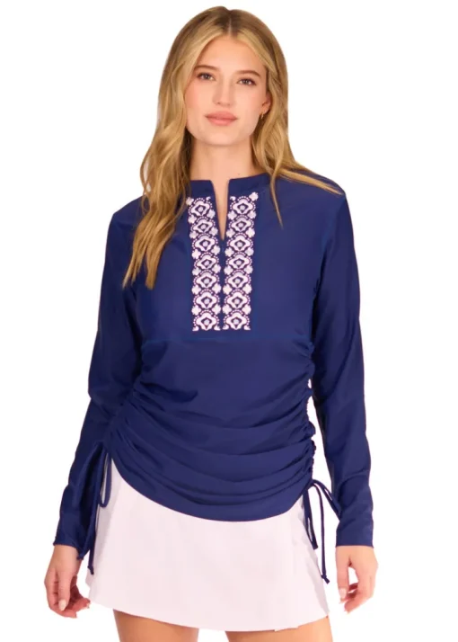 Navy Embroidered Convertible Ruched Rashguard
