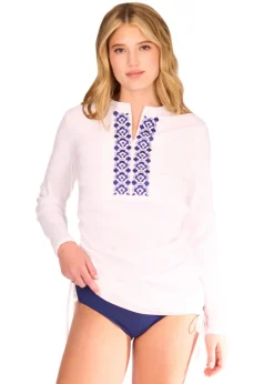 White Embroidered Convertible Ruched Rashguard
