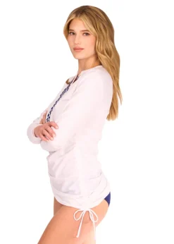 White Embroidered Convertible Ruched Rashguard