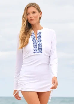 White Embroidered Convertible Ruched Rashguard